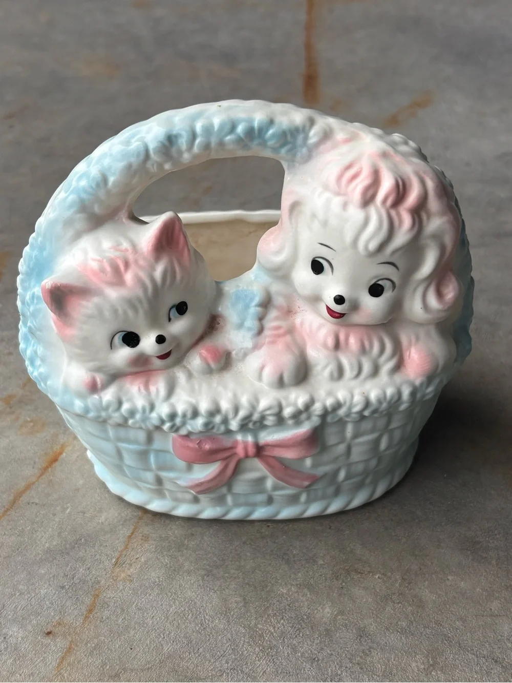 Vintage Inarco Japan Ceramic Poodle & Kitten Basket Planter Pastel Pink Blue